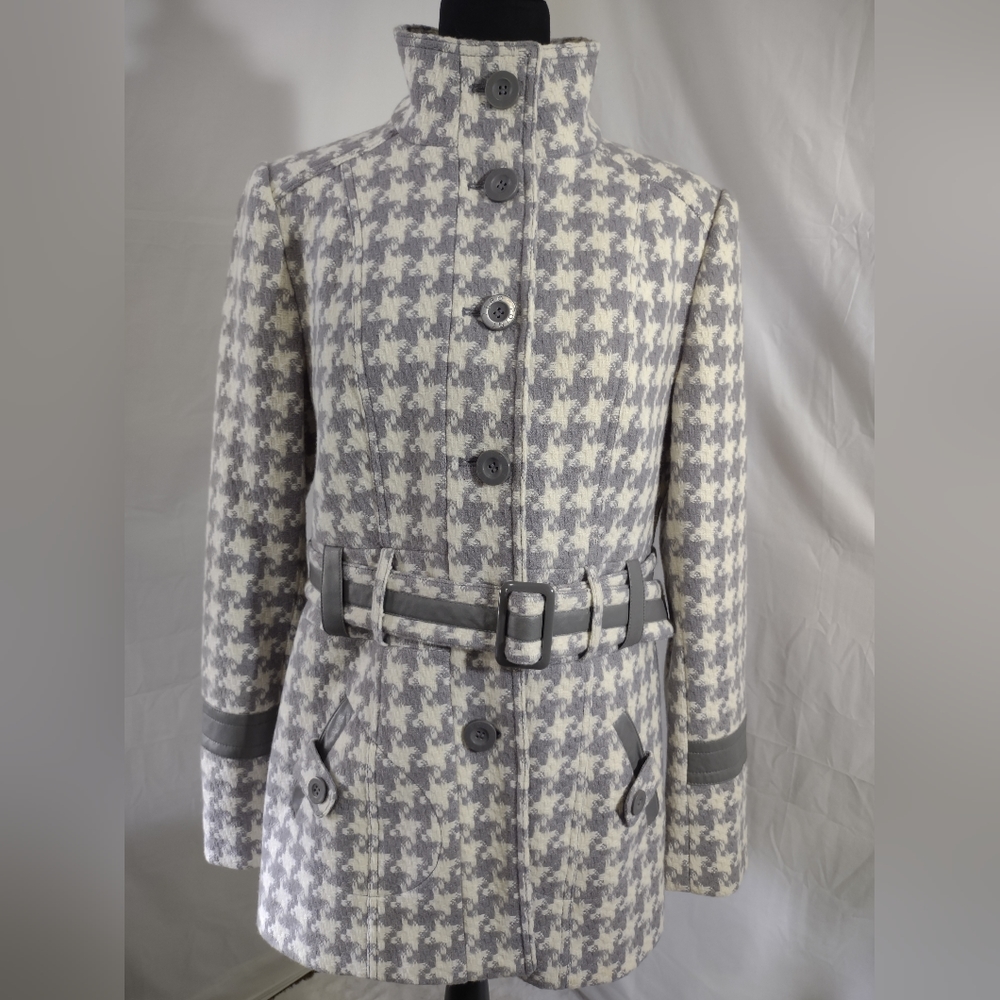 POINTZERO NICOLE BENISTI Women's White/Grey Houndstooth Pea Coat Size Medium